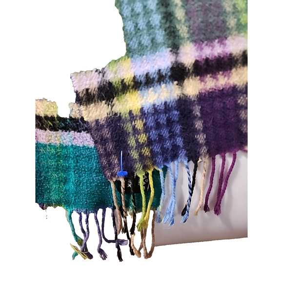 V. Fraas Cashmink® Turquoise Plaid Scarf 32"x 11" 3" Fringe - Picture 3 of 5